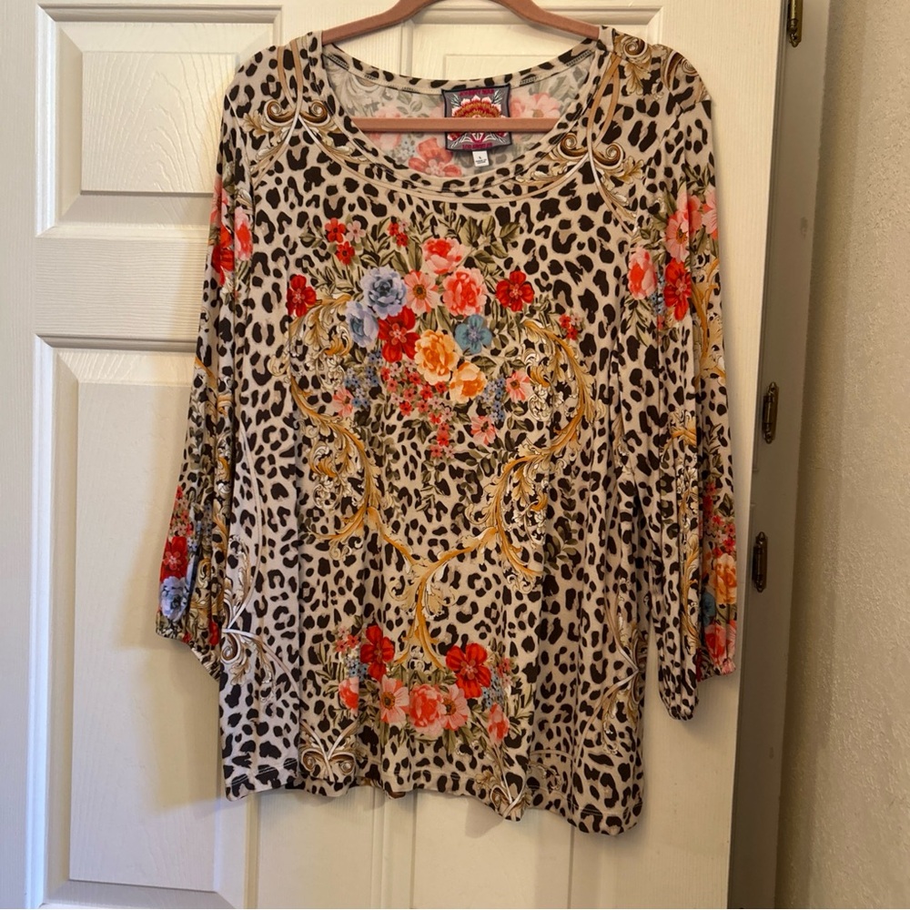 Johnny Was Multicolor Floral Leopard Blouse Large